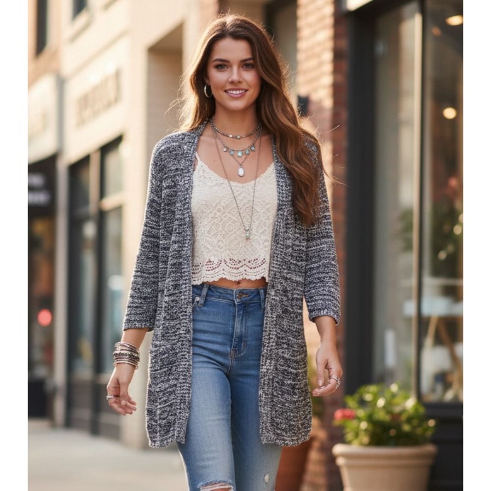 United States Sweaters L Cardigan Women's Blue Marled Academia Boho Cottage